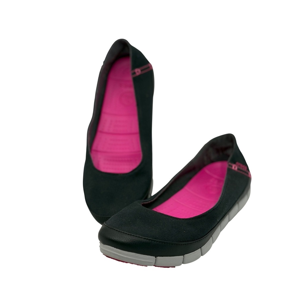 CROCS Stretch Sole Flats Womens Black‎ Pink Canvas Slip On Shoes Size 10